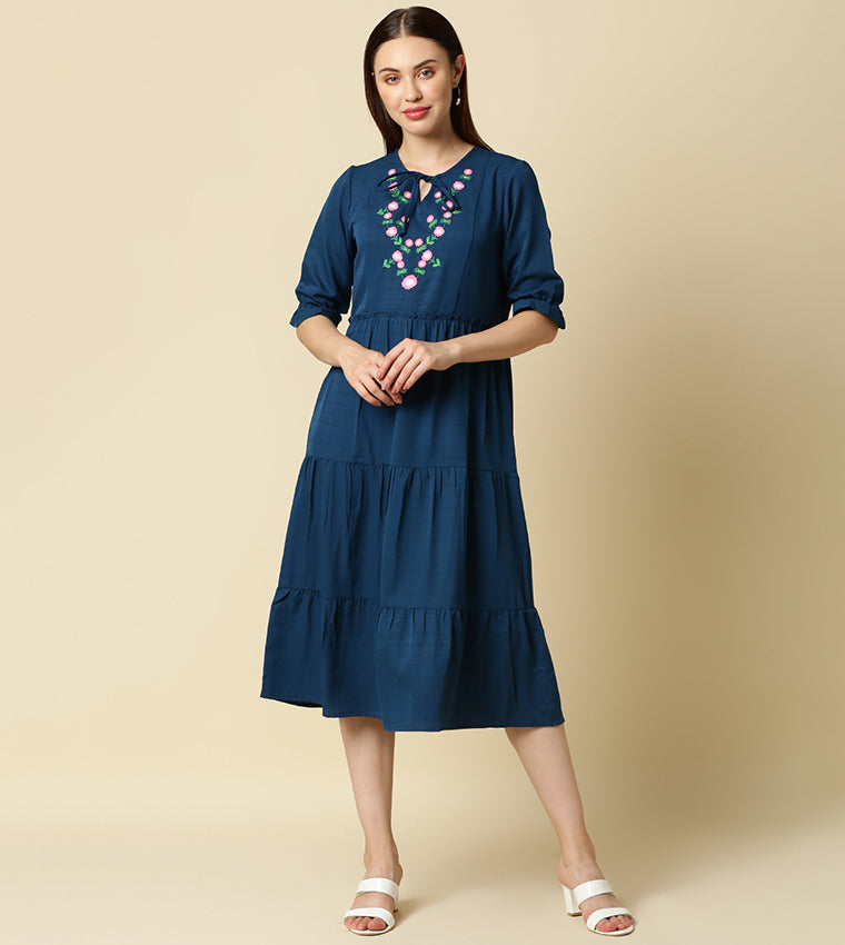 Aila Embroidered Tiered Midi Dress